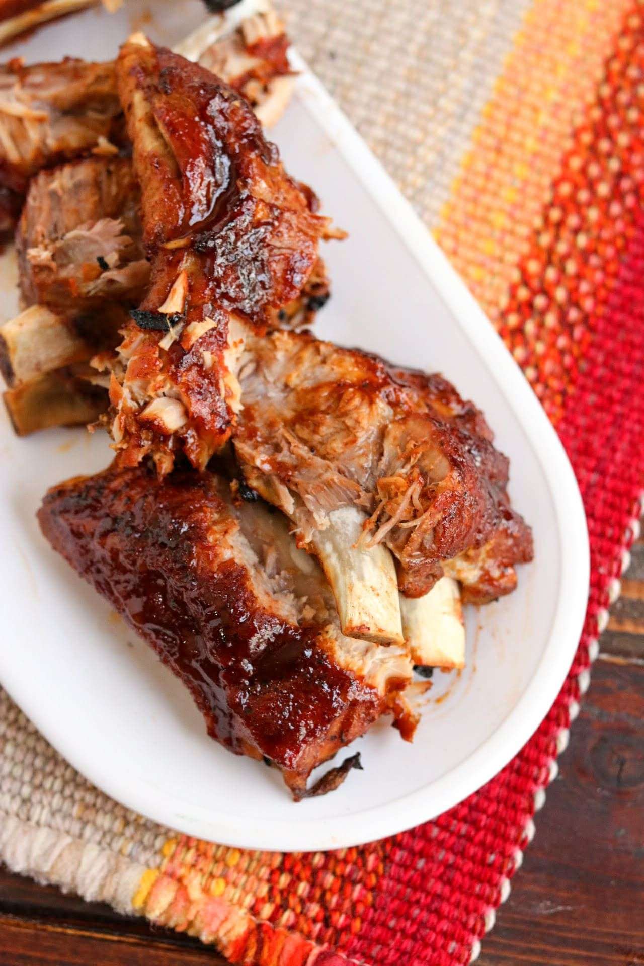 Instant pot ribs vertical cooked on white platter ...