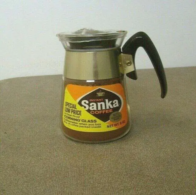 SANKA Instant Coffee Corning Glass pot with coffee Sealed 8 oz Sanka ...